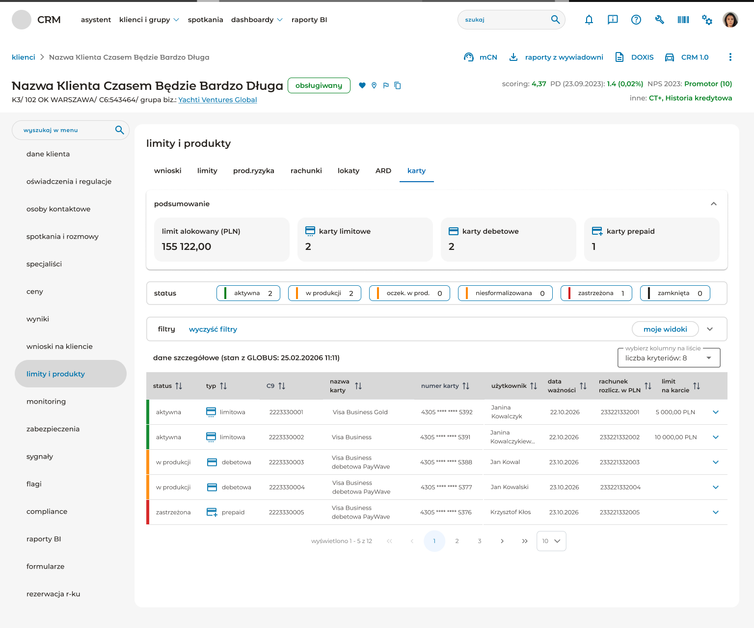 Products and limits — data-dense table with status filters, summary cards at the top, and sortable columns; the compliance section showing risk-level rows with author and date, with the full left rail visible