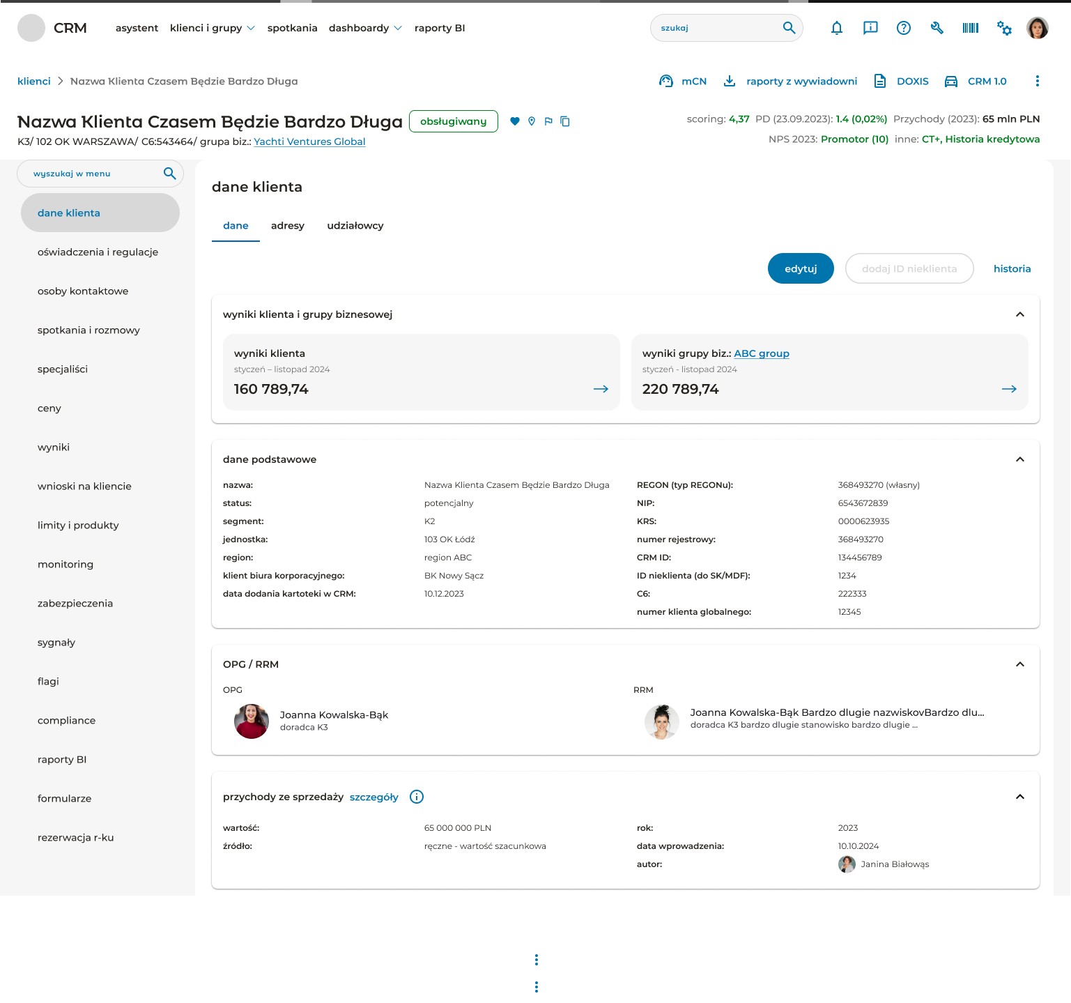 Client detail — dane klienta — showing the left rail navigation, collapsible financial cards with revenue data, OPC relationship managers, and the dense header with business indicators
