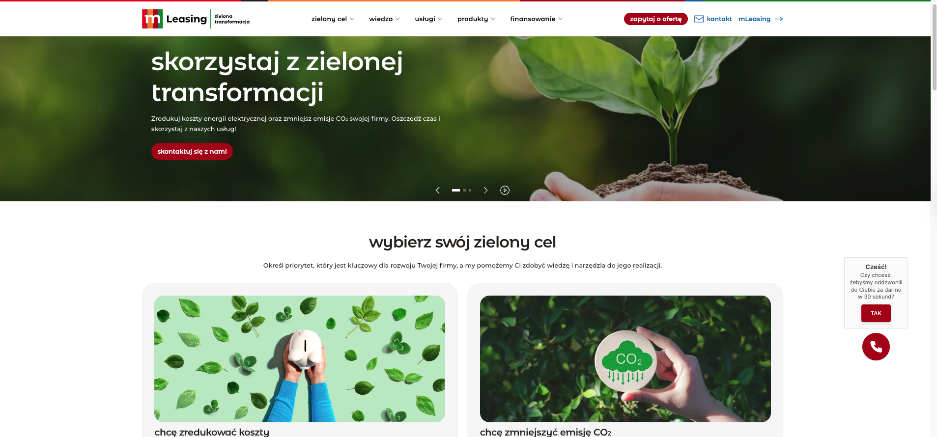 The homepage: hero leading into the two-path selection — "chcę zredukować koszty" and "chcę zmniejszyć emisję CO₂"