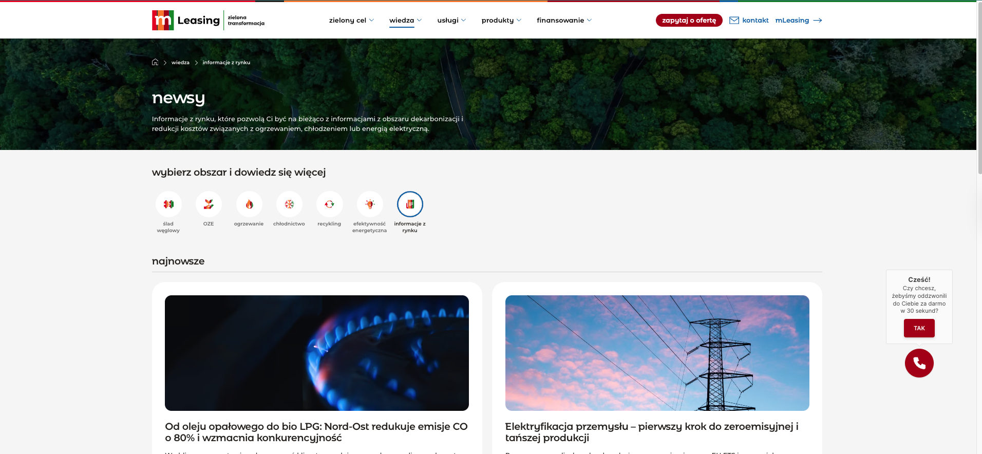 The knowledge section — editorially treated news and articles on energy topics, with category filters across the top